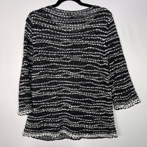 Eileen Fisher Small Black White Striped Open Knit Sweater Scoop Neck 3/4 Sleeve - Picture 2 of 9